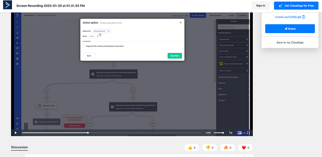 Screenshot of marketing automation workflow on ActiveCampaign and a popup support ticket message.