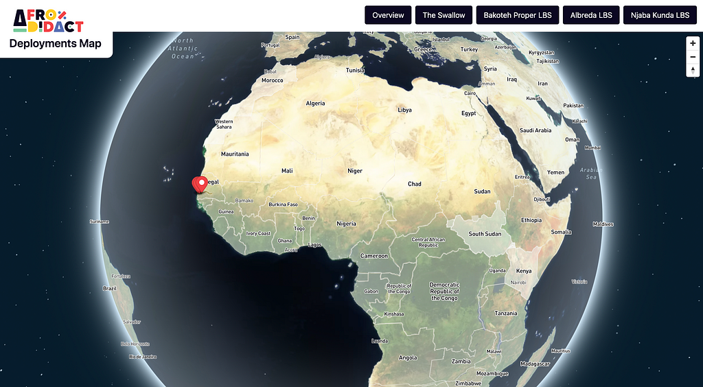 Screenshot of the deployments.afrodidact.org website, visualizing the current deployments of KUBO.