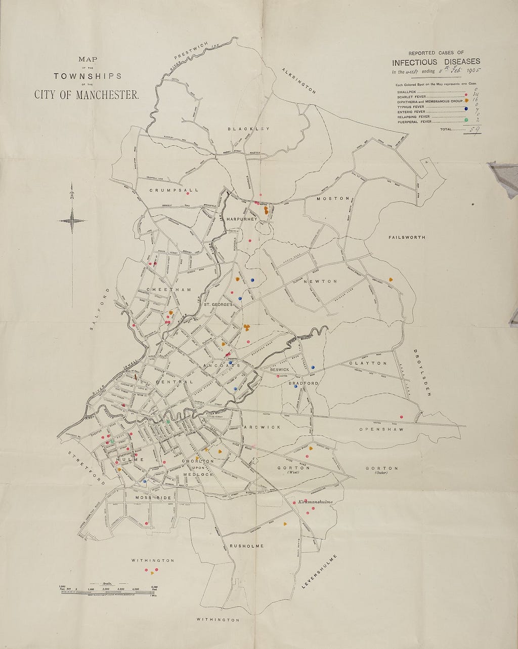 Map showing recorded cases of different infectious diseases across the city of Manchester in 1905.