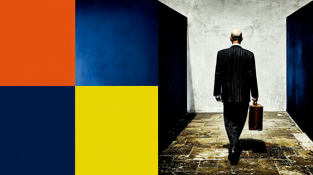 Abstract geometric illustration in Mondrian style with overlapping rectangles in red, blue, yellow and black, representing design frameworks and business structure