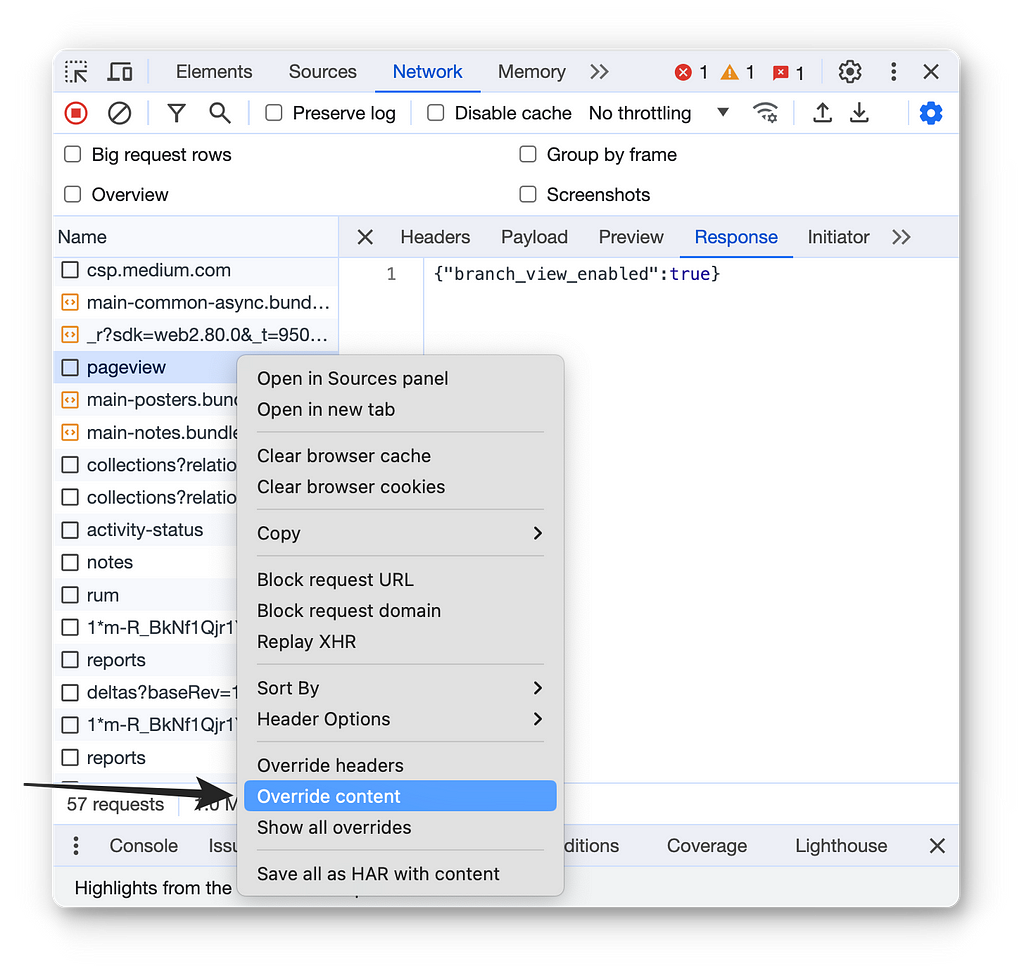 Dropdown with the override http request option in Chrome Devtools
