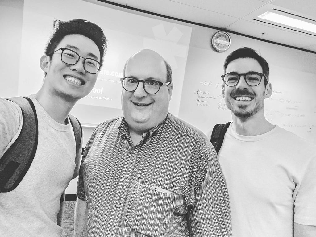 Selfie with Jason, Jared, and Timothy at the end of the Workshop. They all have big grins on their faces.