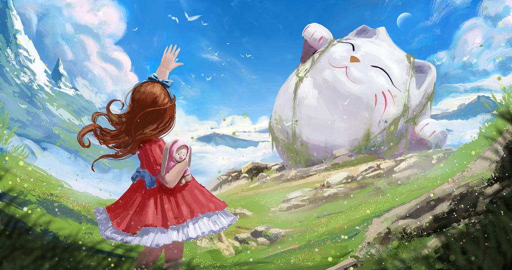 Image: Child in a red dress waving to a huge smiling cat statue toppled on a grassy hillside.