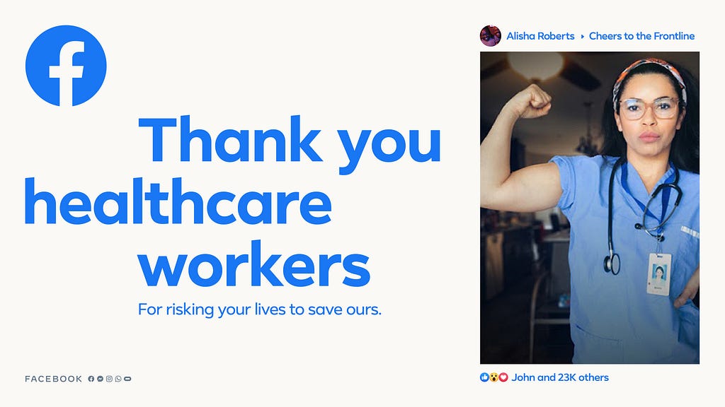 A More Together campaign piece shows a photo of a health care worker flexing their arm muscle.