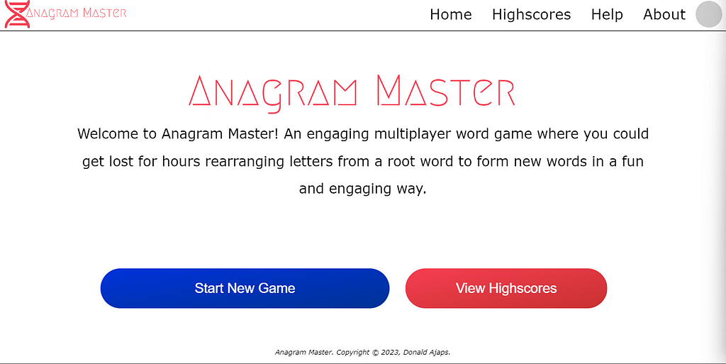 Screenshot of Anagram Master’s welcome screen