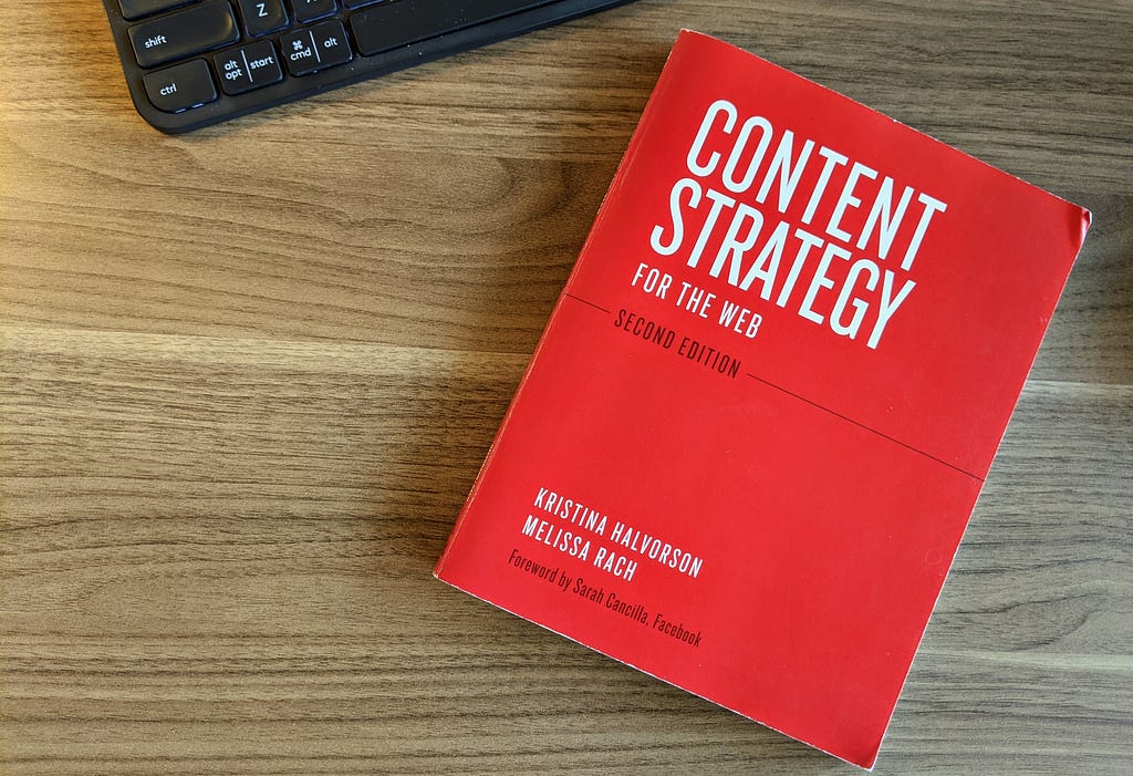 A copy of the book “Content Strategy for the Web” sitting on a desk.