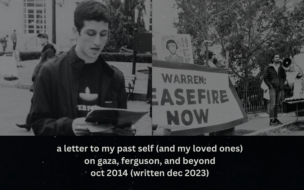 Image Description: On the left, a photo from 2014 of me leading a Holocaust Remembrance Day event, wearing a Never Forget t-shirt, with my Jewish fraternity at Northeastern U in Boston. On the right, a photo from 2023 of me speaking at a rally in Boston at Senator Warren’s house calling for a ceasefire.