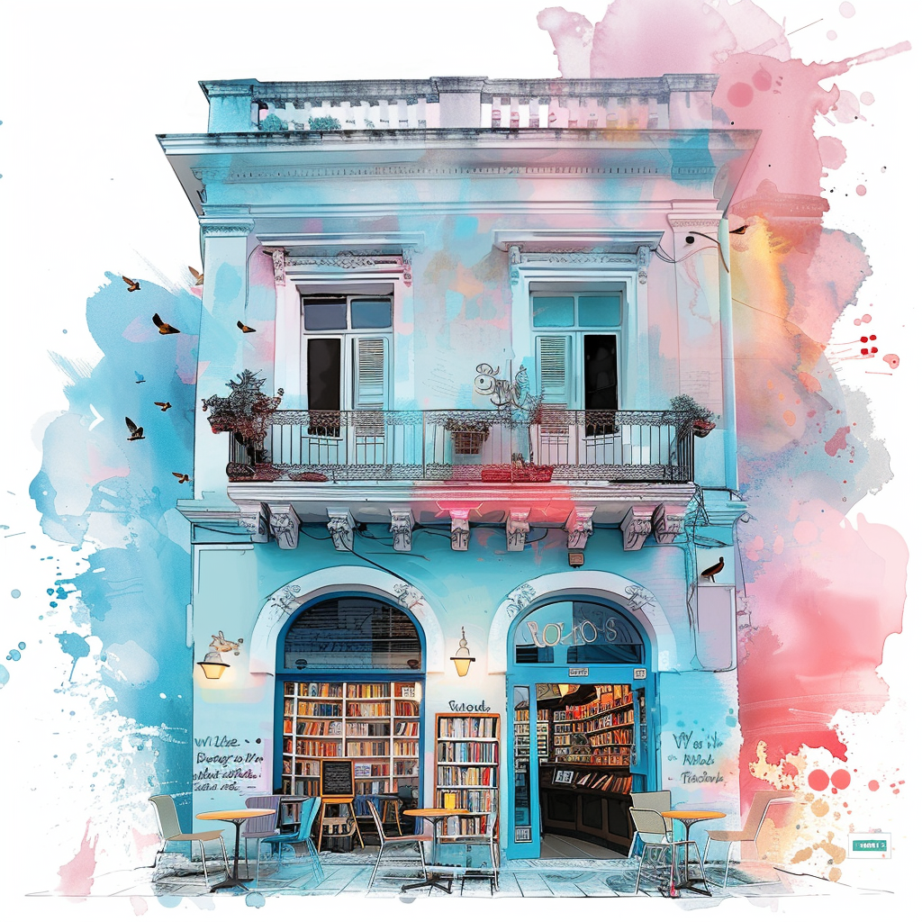 Boho watercolor of a two storey old bookstore, pastel color palette, blue and pink gradient, award winning watercolor, vintage, splashing,