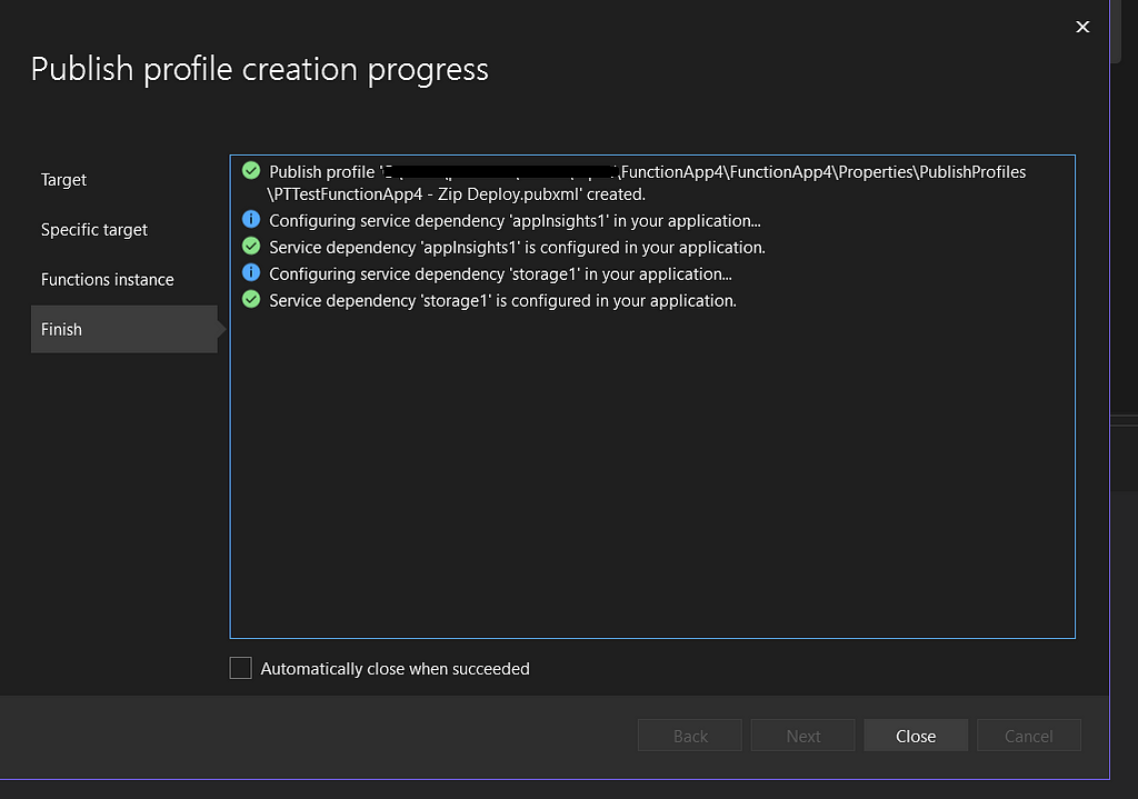Visual Studio screenshot showing publish logs after user clicks on publish profile