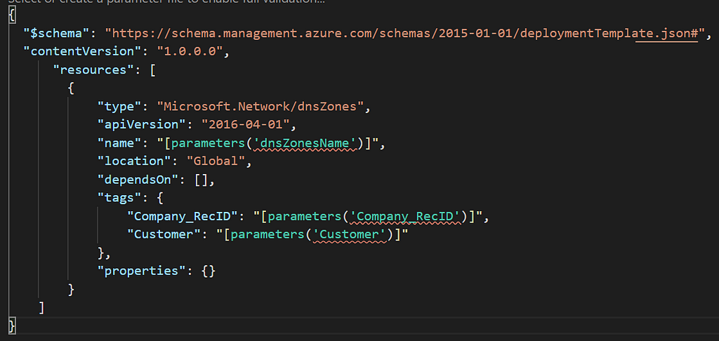 A screenshot of my JSON ARM (Azure Resource Manager) template so far. This screenshot was taken in Visual Studio Code.