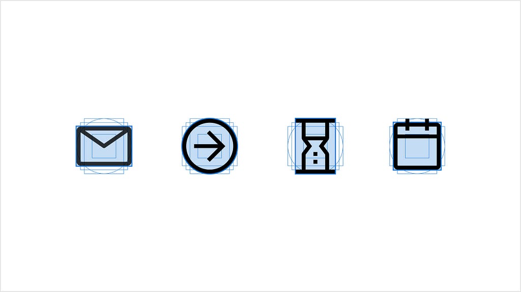 IBM email, next, hourglass, and calendar icons with grid keyshapes.