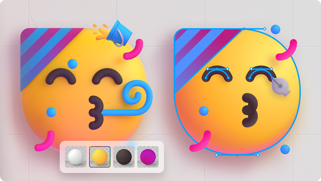 Two yellow party emoji are side by side. Blue wires outline the right one as it’s getting altered.