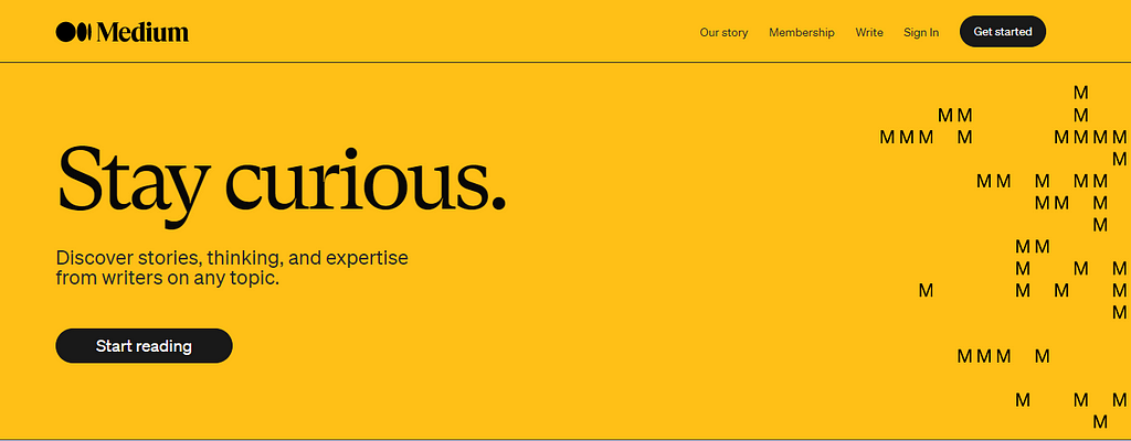 Home page for Medium, featuring black text on a yellow background.