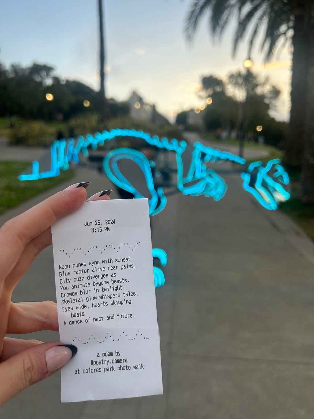 Printed poem from Poetry Camera describing the sight of a neon blue 3D dinosaur sculpture during sunset.