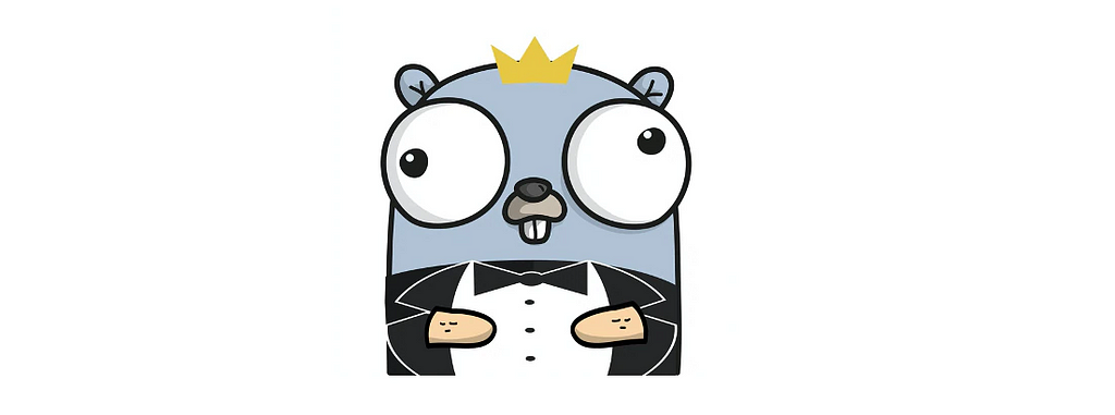 blue golang gopher wearing a yellow crown and black and white suit