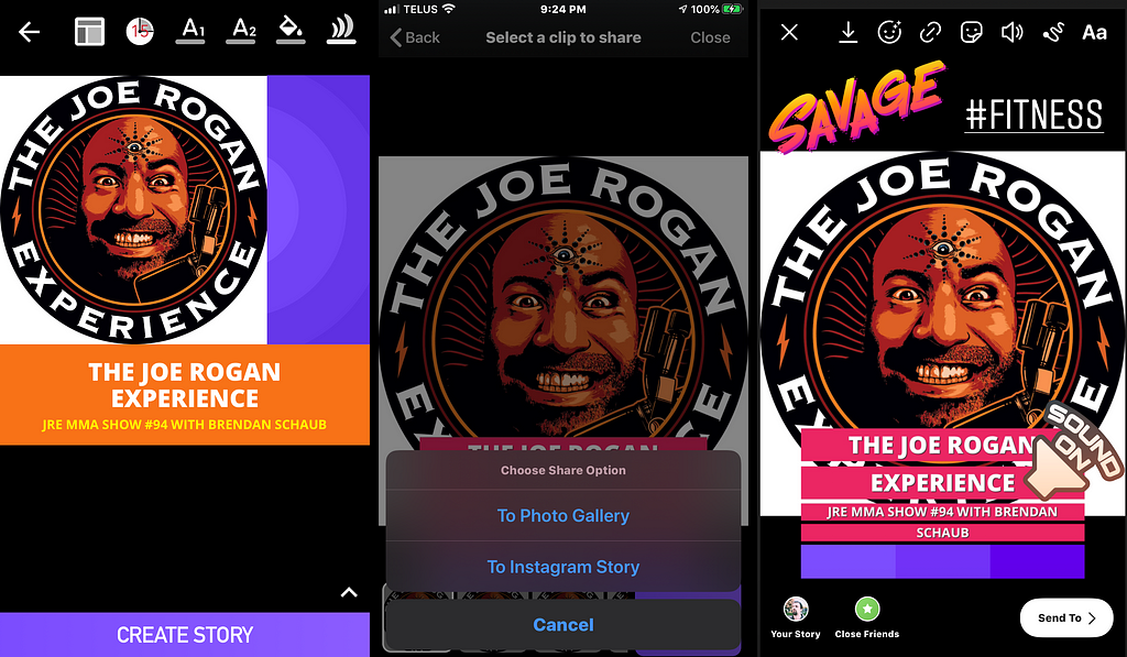 Podcast Video Maker — the share screen lets you share straight to Instagram stories or to the gallery.