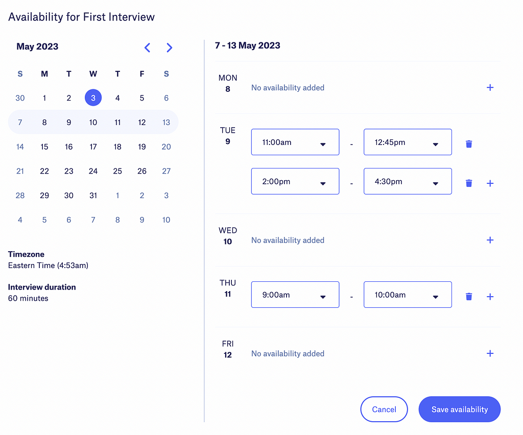 View of the interview scheduling form where you can add and delete interview availability slots.
