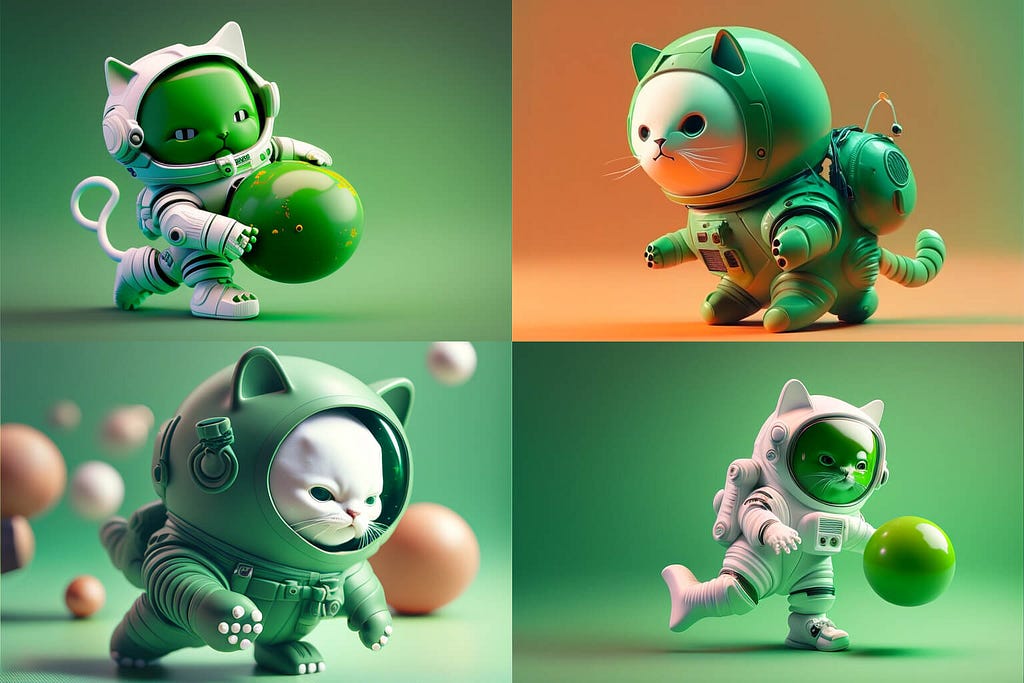 Four 3D images of plastic looking cartoony cats in spacesuits