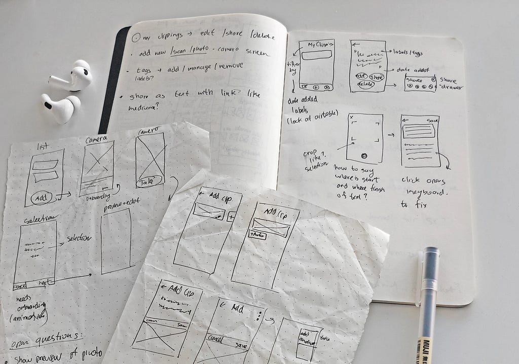 A sketchbook with rough wireframes laying on a desk