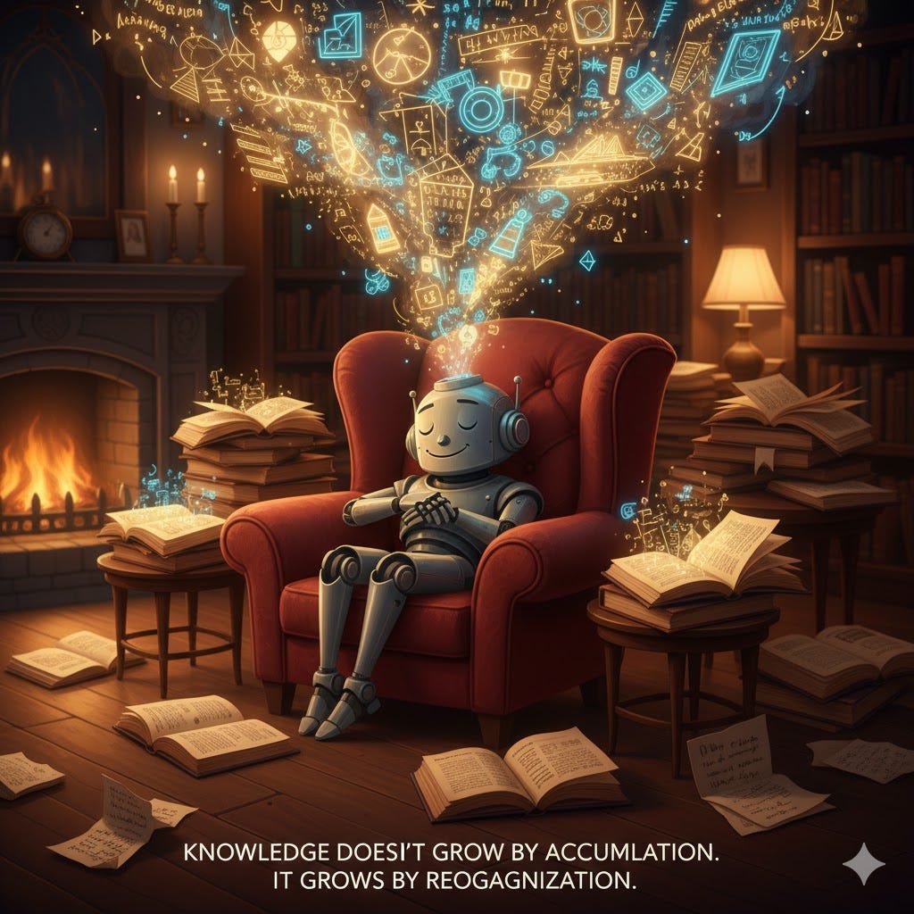 Knowledge doesn’t grow by accumulation alone. It grows by periodic reorganization — by forgetting the right things in the right way. Image generated with AI.