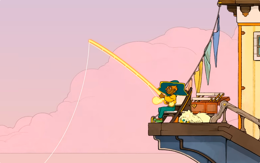 A hand-drawn game scene from Spiritfarer showing the maincharacter sitting on a wooden deck fishing into a soft pink-clouded sky, with a small white cat resting nearby.