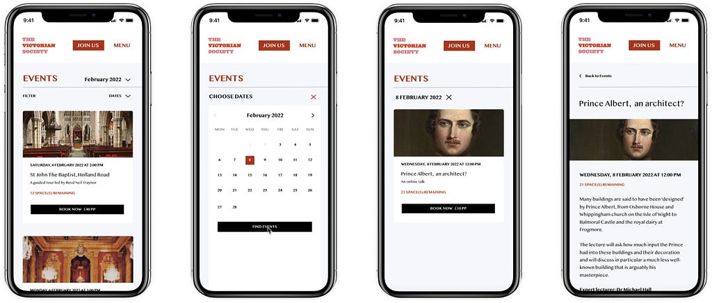 The event booking flow shown on a mobile screen