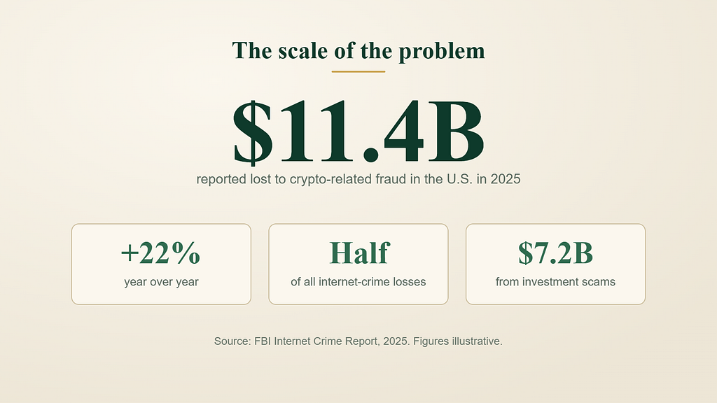 Statistic graphic showing $11.4 billion in reported U.S. crypto fraud losses in 2025, up 22 percent year over year, about half of all internet-crime losses, with $7.2 billion from investment scams (FBI IC3, illustrative).