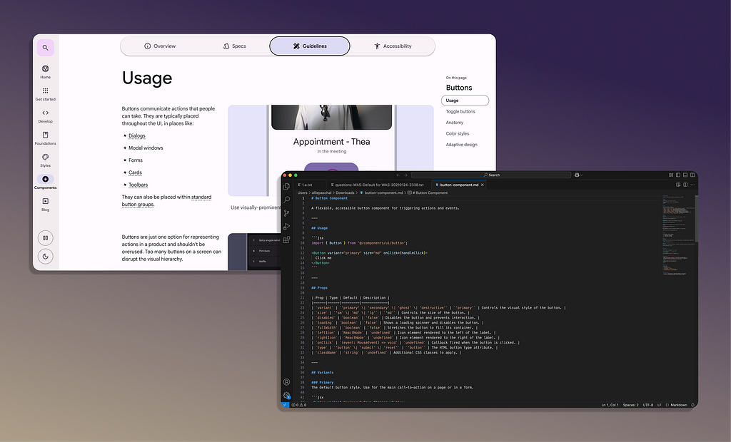 Google Material documentation for a button component with a markdown file for a button component