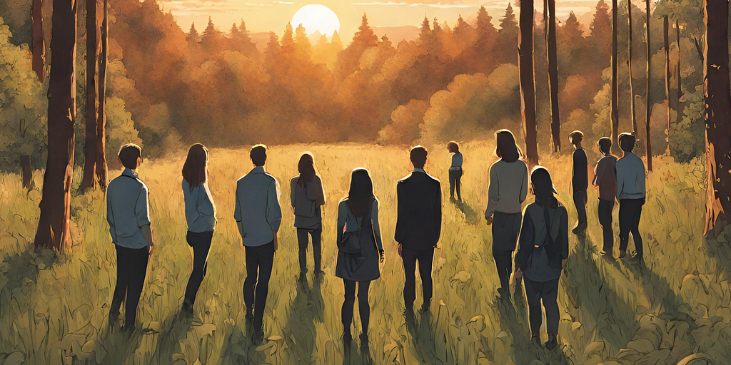 People standing in a meadow doing a privilege walk at sunset