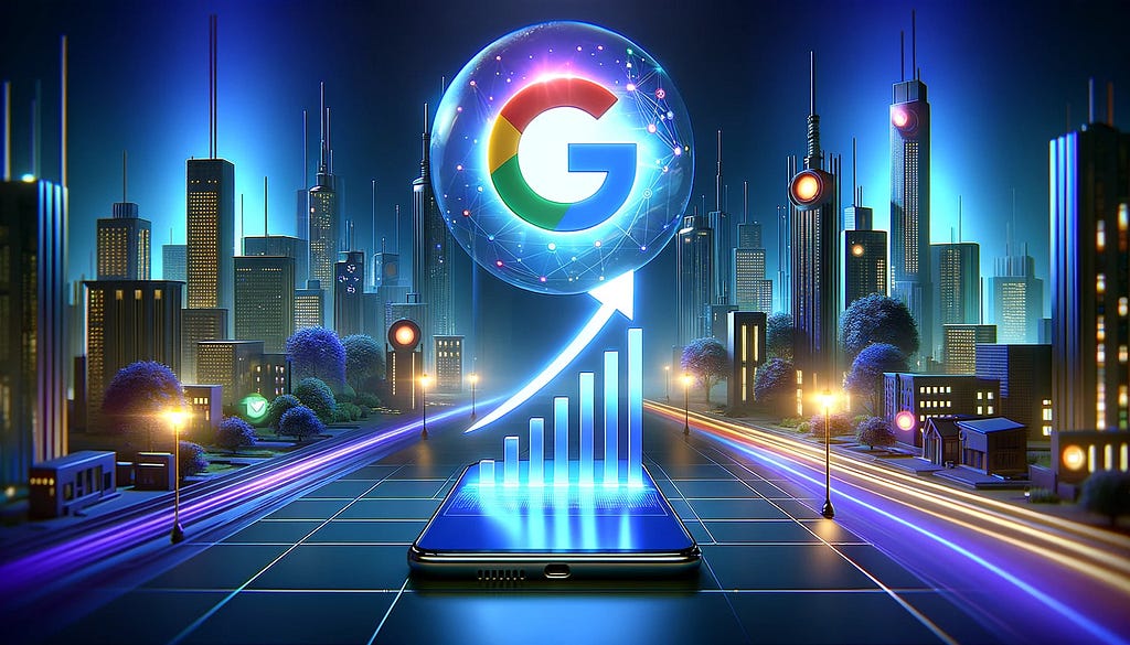 A futuristic city skyline with a large, glowing Google logo in the sky, casting light over an array of buildings.