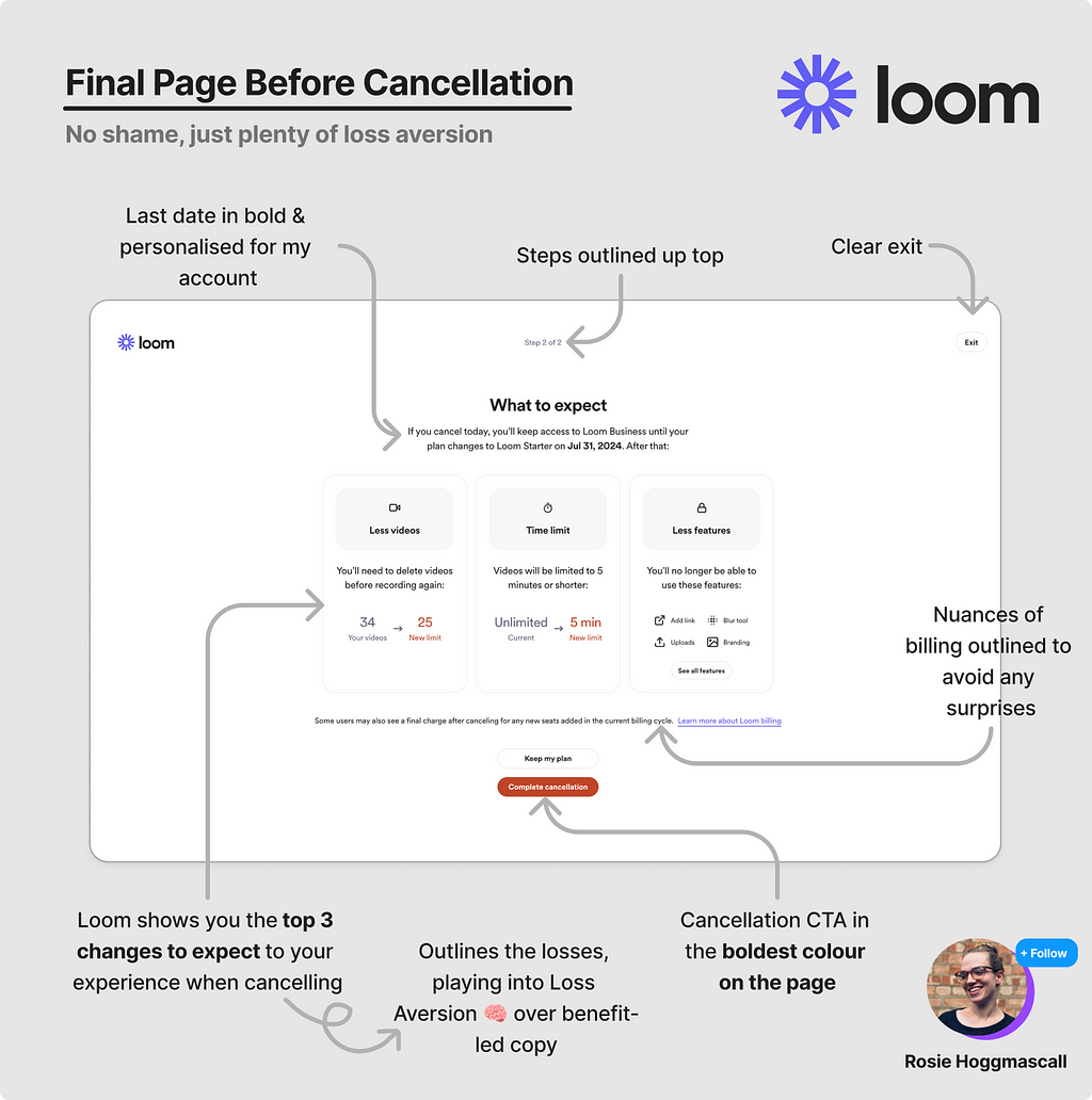Analysis of the final page before the cancellation confirmation in the loom cancellation flow