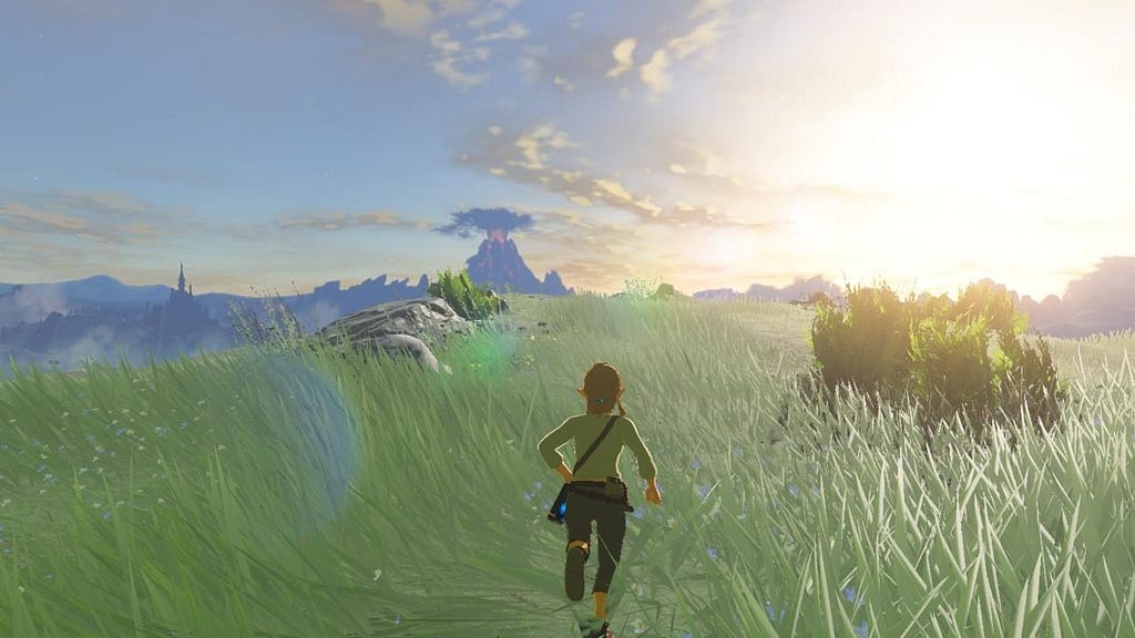 Link running to the vista to begin the game on the Great Plateau.
