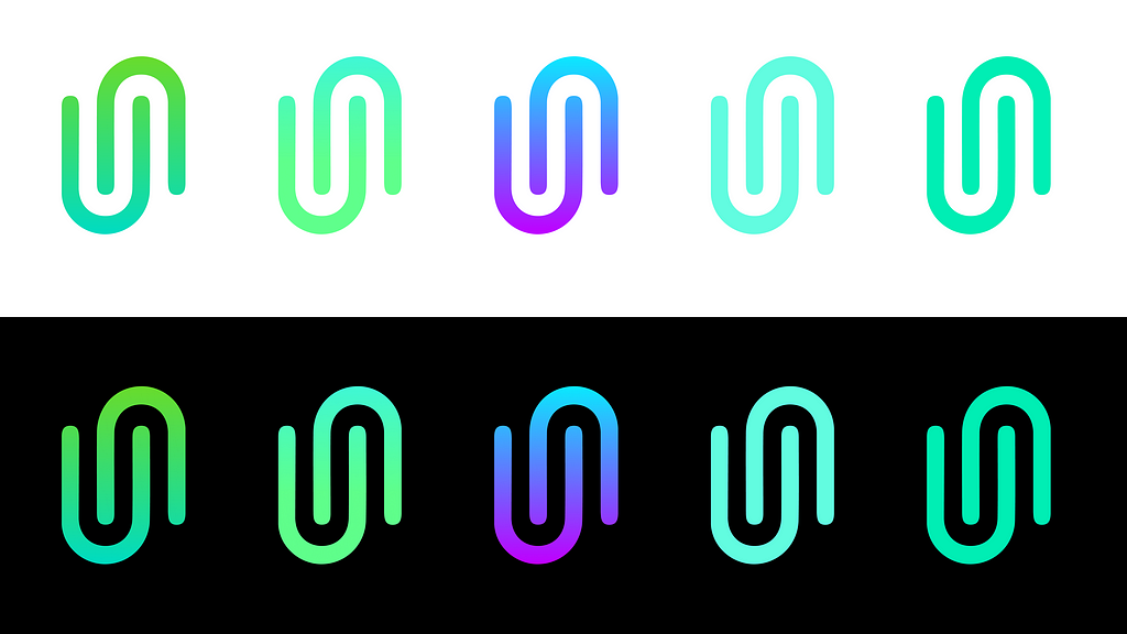 The kiip logo in different combination of green to blue gradient colors. The variations are placed against both a white background and black background to compare its contrast and visibility.
