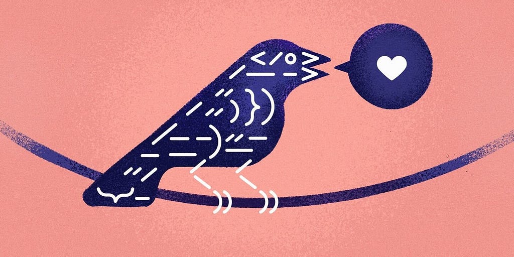 A two-dimensional illustration of a blue bird with dashes of code symbols emulating its feathers and a speech bubble with a heart symbol. The bird sits on a wire against a pink background.