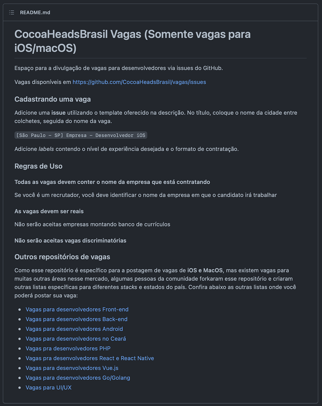 Uma imagem do arquivo README.md do GitHub do Cocoa Heads Brasil