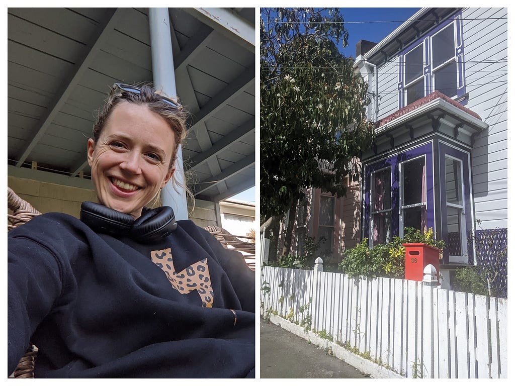 Left picture of Annie sitting on a porch. Right picture of a painted wooden classic Wellington house.