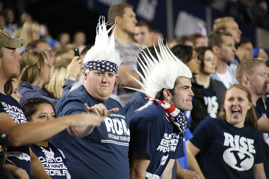 Image showing sport fans in the stands dressed in a silly fashion with goofy wigs.