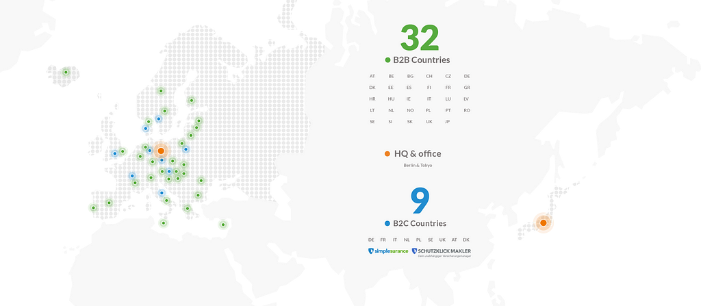 A map showing the 32 B2B and 9 B2C countries simplesurance is active in