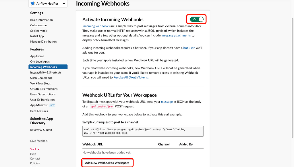 Create Slack Webhook URLs