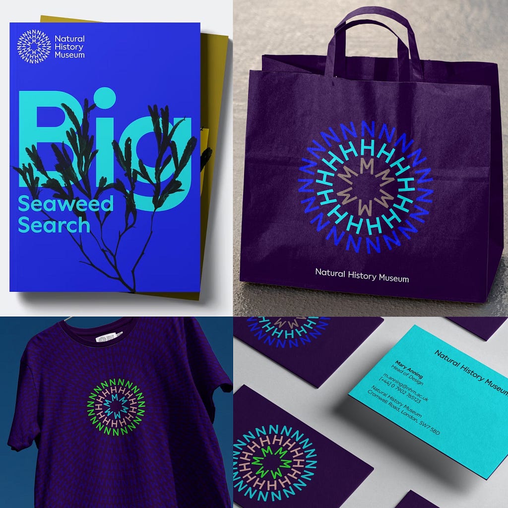 Digital compilation showcasing the Natural History Museum’s new branding. Top left: a book; top right: a museum shopping bag with the prominent logo; bottom left: a t-shirt fully covered with the logo; bottom right: potential new business cards featuring the new logo.
