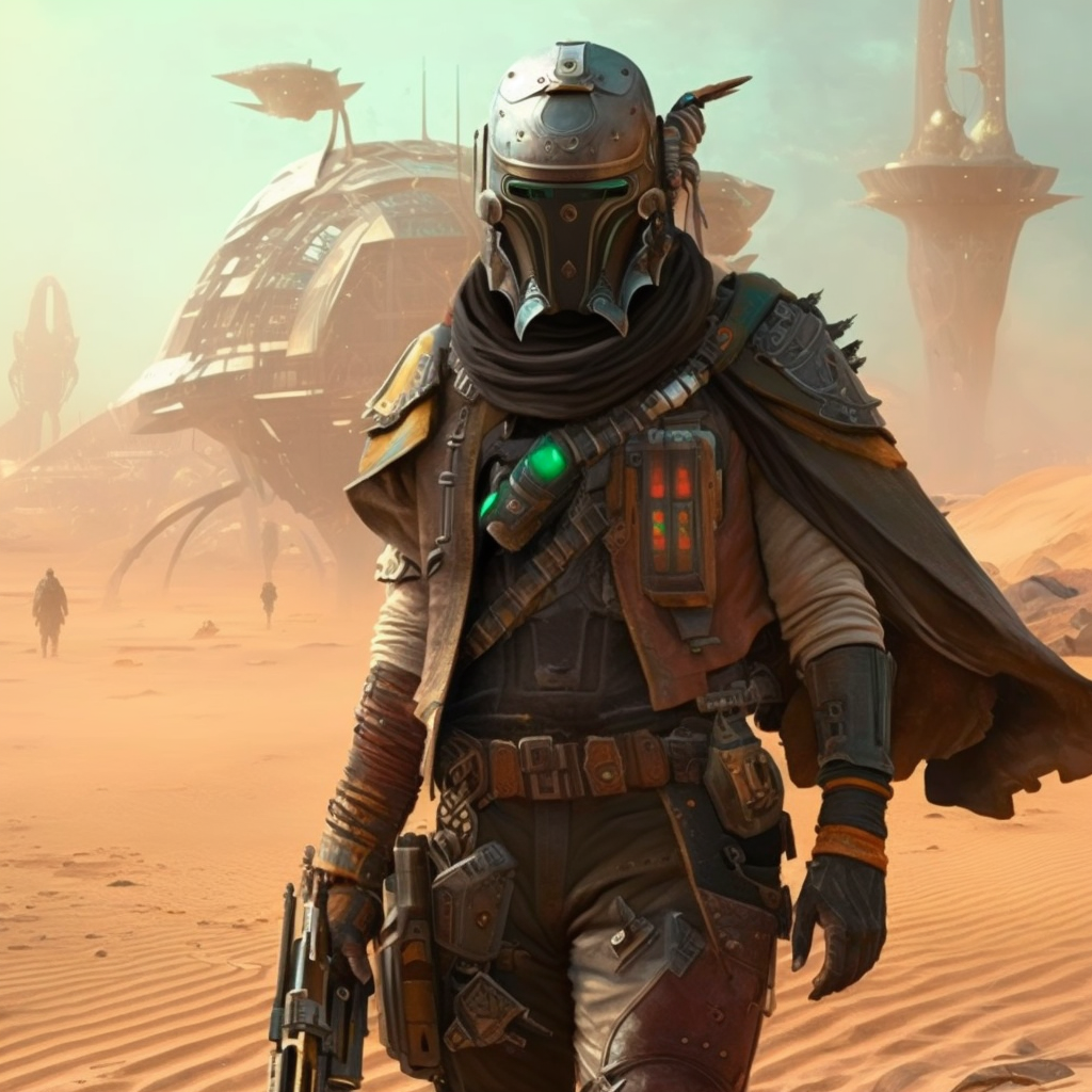 A human bounty hunter with a helmet mask and uniform, carrying a weapon