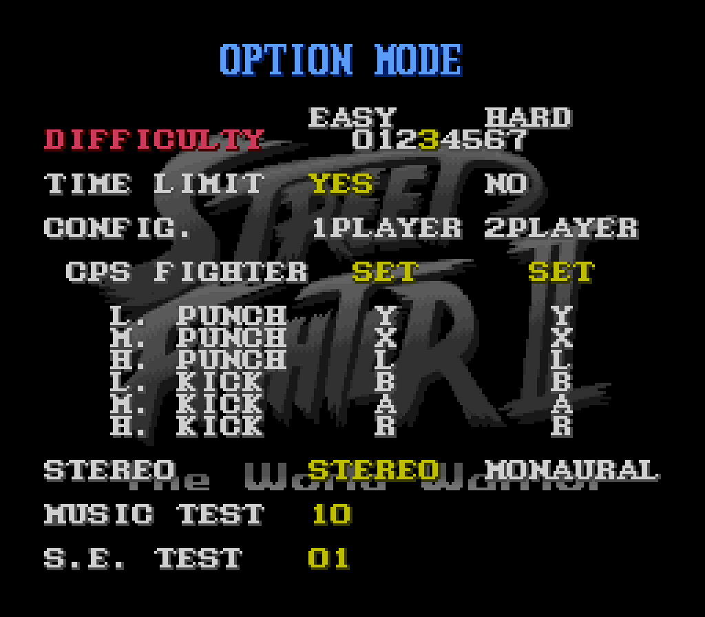 Screenshot of the original Option Mode from 1992 Street Fighter II on the Super NES. It display a difficulty level from 0 (easy) to 7 (hard), time limit (yes/no), input remapping and sound options.