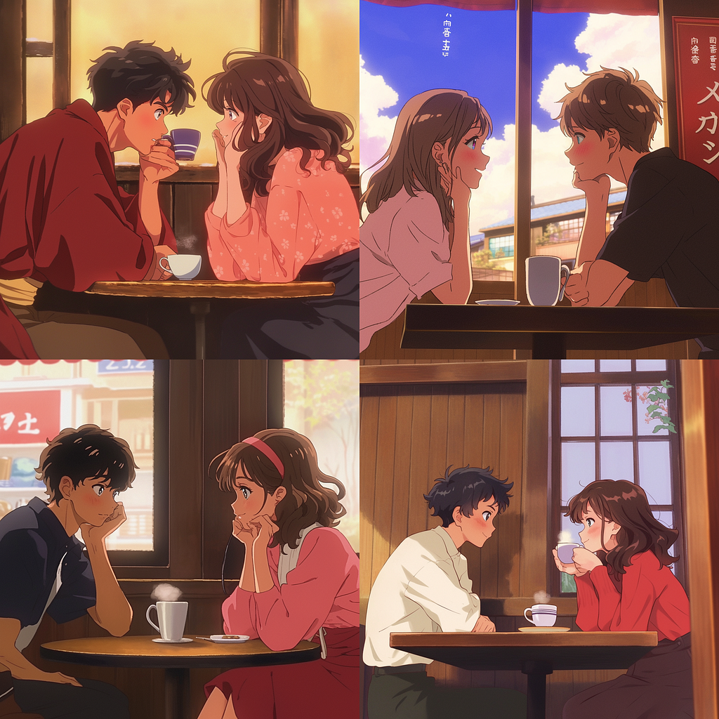 A couple in the cafe in retro 1980s Anime Style