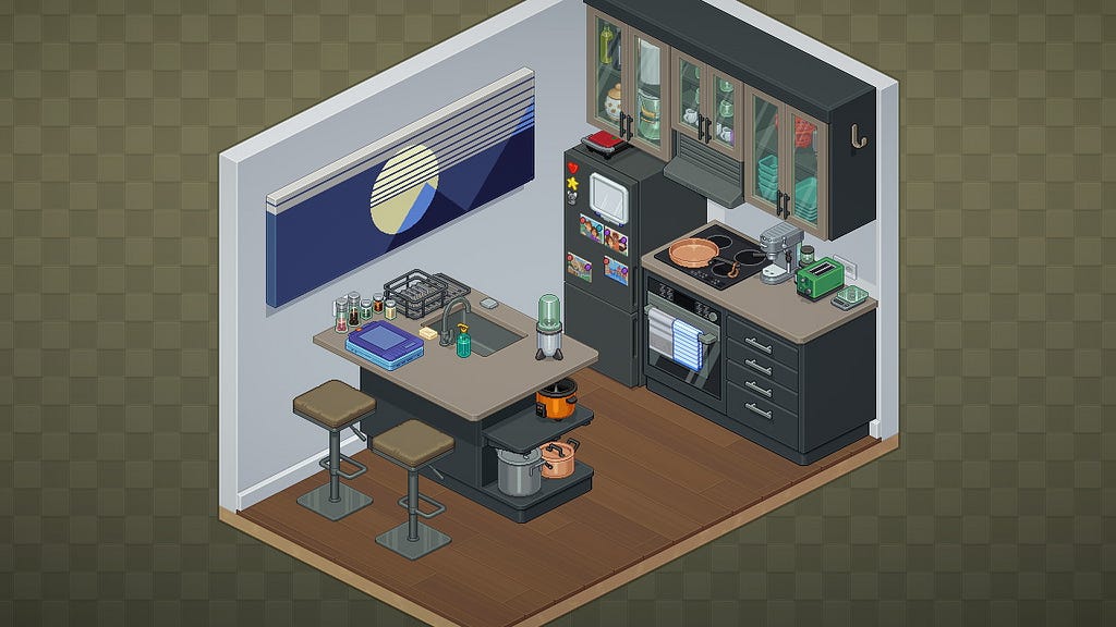 A kitchen that our main character also has to use as an office.