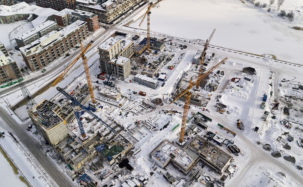 Construction site in Finland in the winter with snow