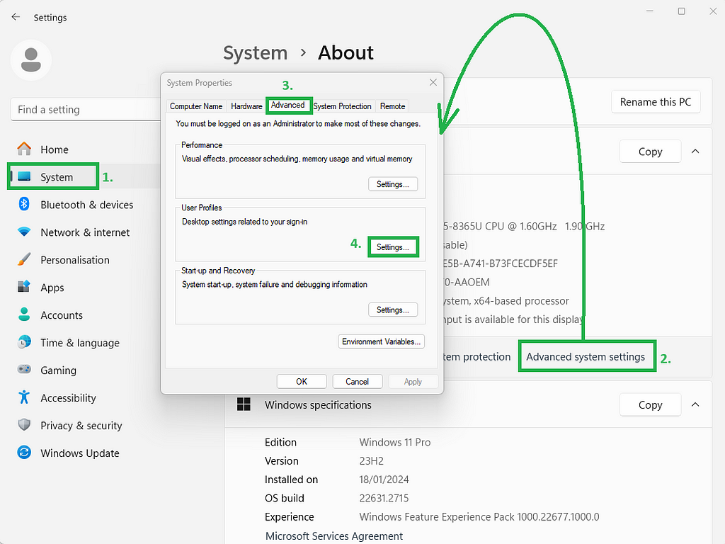 Screenshot showing how to get to “User profiles” settings via Windows Advanced System settings.