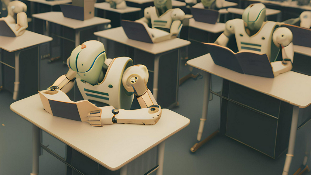 Humanoid robots sitting as desks reading books in a classroom