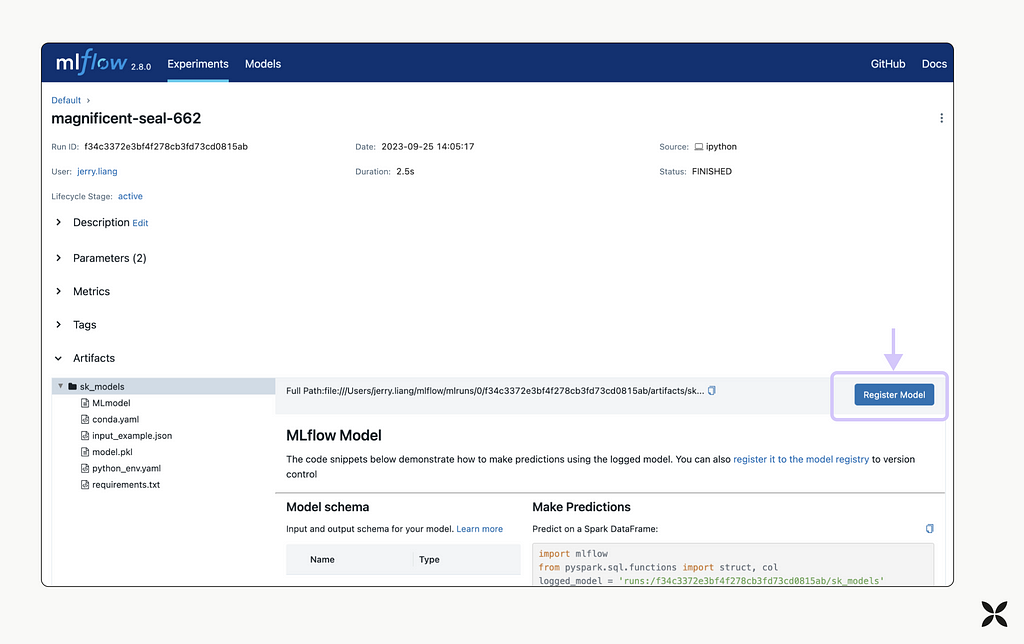 Example screenshot of MLFlow Model Registry UI