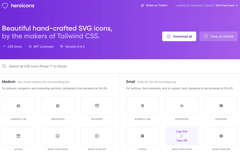 A screenshot of HeroIcons, a collection of free SVG icons