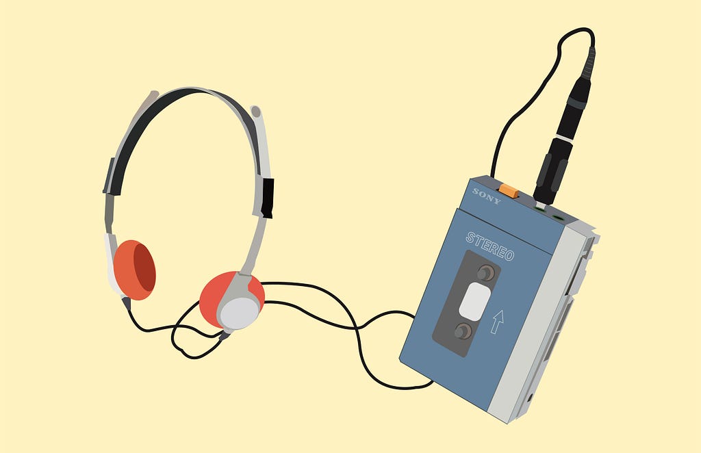Illustration of a Sony Walkman and headphones.